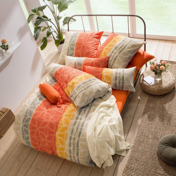 Erwin Müller 침대 린넨, 침대 세트 시어서커 ​​면 100% 오렌지-그레이-옐로우 사이즈 135x200cm(40x80cm) - 논아이론, 실용적인 지퍼 포함, 온도 조절(기타 색상, 사이즈 135x200