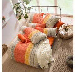 Erwin Müller 침대 린넨, 침대 세트 시어서커 ​​면 100% 오렌지-그레이-옐로우 사이즈 135x200cm(40x80cm) - 논아이론, 실용적인 지퍼 포함, 온도 조절(기타 색상, 사이즈 135x200