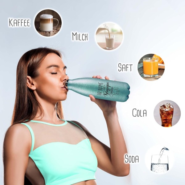 Queen of the Unicorns - 보온병, BPA 프리 물병, 여자 친구를 위한 선물, 여행, 스포츠 I 맞춤 선물, 청록색의 이름이 새겨진 맞춤형 스테인리스 스틸 반짝이 음료수 병