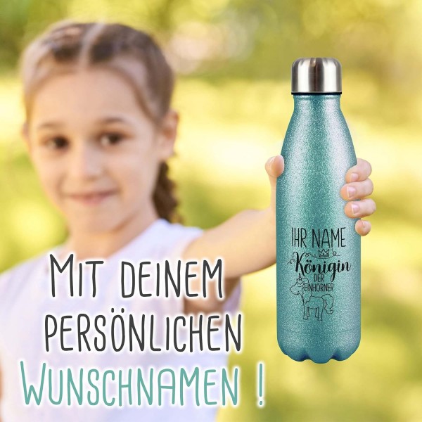 Queen of the Unicorns - 보온병, BPA 프리 물병, 여자 친구를 위한 선물, 여행, 스포츠 I 맞춤 선물, 청록색의 이름이 새겨진 맞춤형 스테인리스 스틸 반짝이 음료수 병