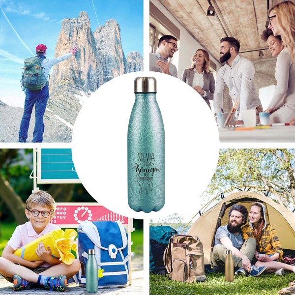 Queen of the Unicorns - 보온병, BPA 프리 물병, 여자 친구를 위한 선물, 여행, 스포츠 I 맞춤 선물, 청록색의 이름이 새겨진 맞춤형 스테인리스 스틸 반짝이 음료수 병