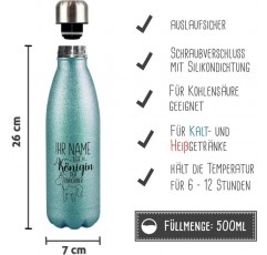 Queen of the Unicorns - 보온병, BPA 프리 물병, 여자 친구를 위한 선물, 여행, 스포츠 I 맞춤 선물, 청록색의 이름이 새겨진 맞춤형 스테인리스 스틸 반짝이 음료수 병