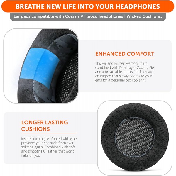 Corsair Virtuoso RGB Wireless, Corsair Virtuoso RGB Wireless XT 및 Corsair Virtuoso Wireless SE와 호환되는 냉각 젤이 있는 WC Freeze Virtuoso 하이브리드 패브릭 교체용 이어 패드 | 블랙 카모