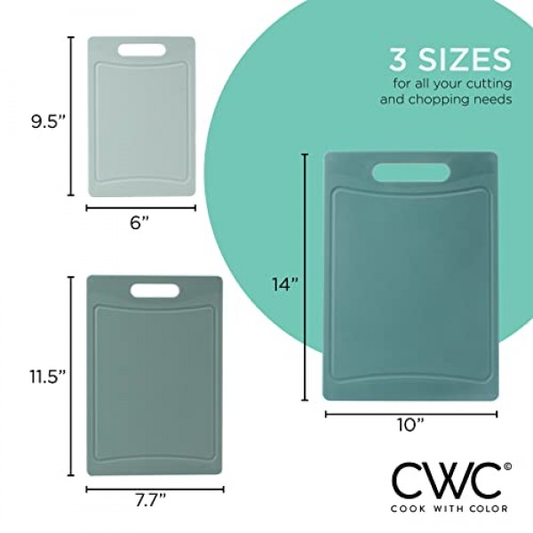 COOK WITH COLOR 도마 세트 - 3개 주방 도마 세트 - 고기, 야채, 과일용 미끄럼 방지 바닥이 있는 대형, 중형 및 소형 도마, 잡기 쉬운 손잡이(민트)