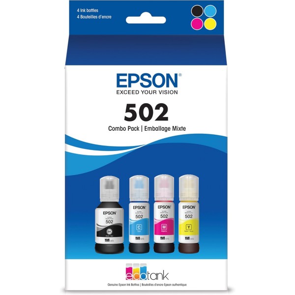 Epson T502 EcoTank 컬러 콤보 팩 자동 정지 잉크병 (ET-2700, ET-2750, ET-3700, ET-3750, ET-4750)