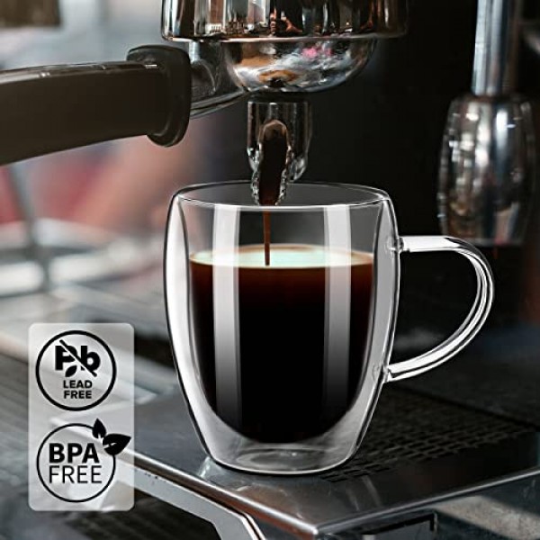 PARACITY 커피 머그 2개 세트, 이중 벽 커피 머그 12 OZ, 손잡이가 있는 유리 커피 머그, 카푸치노/라떼/커피용 절연 커피 머그, 주방/여행용 붕규산 유리 커피 컵