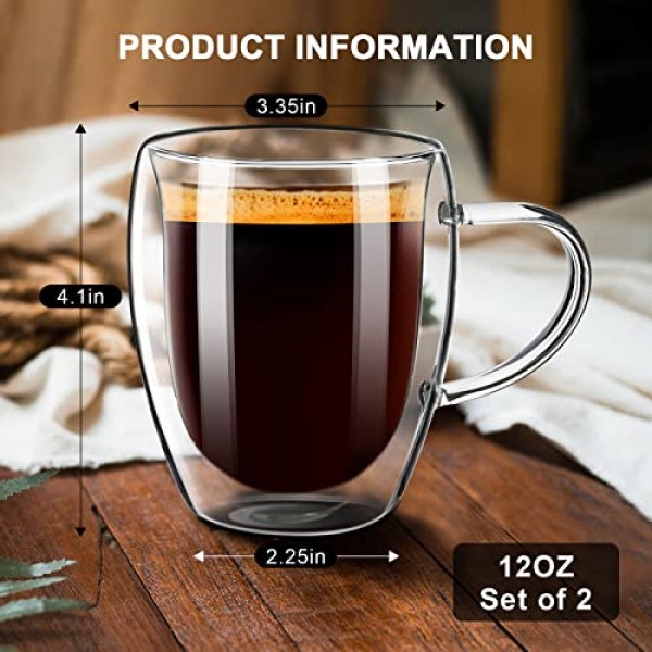 PARACITY 커피 머그 2개 세트, 이중 벽 커피 머그 12 OZ, 손잡이가 있는 유리 커피 머그, 카푸치노/라떼/커피용 절연 커피 머그, 주방/여행용 붕규산 유리 커피 컵