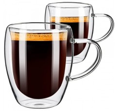 PARACITY 커피 머그 2개 세트, 이중 벽 커피 머그 12 OZ, 손잡이가 있는 유리 커피 머그, 카푸치노/라떼/커피용 절연 커피 머그, 주방/여행용 붕규산 유리 커피 컵