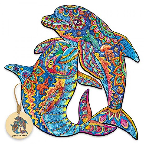 성인을 위한 DEPLEE 나무 직소 퍼즐, 돌고래 나무 직소 퍼즐, 162개 – 11.6 x 11.6인치 성인, 가족, 친구를 위한 독특한 모양의 나무 동물 퍼즐 창의적 도전 |중간