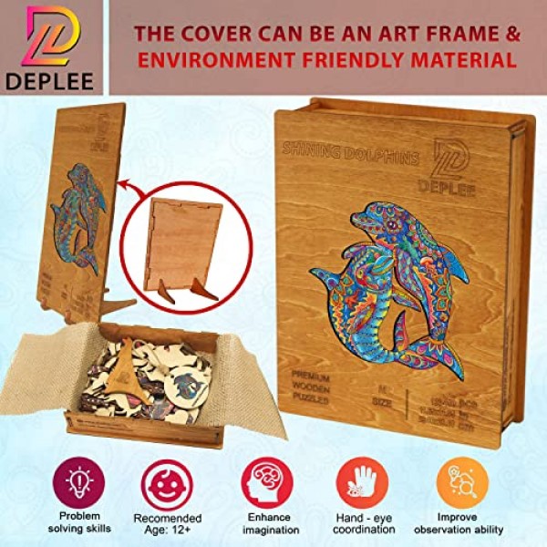성인을 위한 DEPLEE 나무 직소 퍼즐, 돌고래 나무 직소 퍼즐, 162개 – 11.6 x 11.6인치 성인, 가족, 친구를 위한 독특한 모양의 나무 동물 퍼즐 창의적 도전 |중간