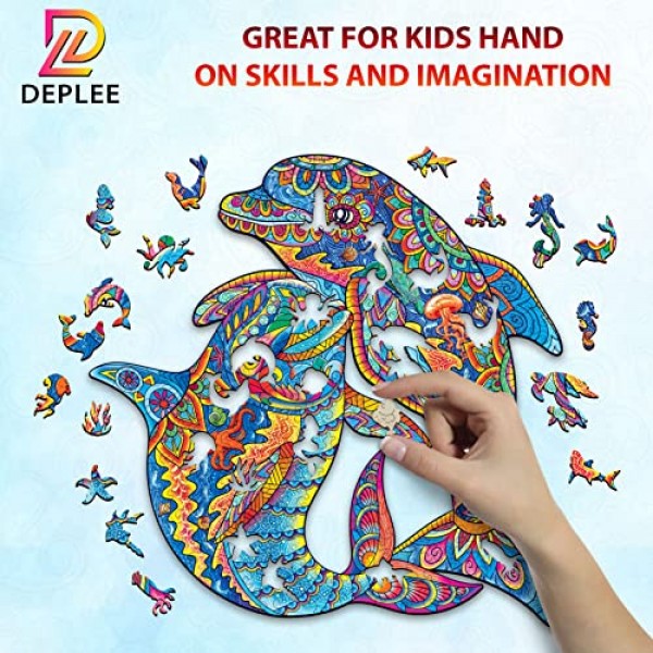 성인을 위한 DEPLEE 나무 직소 퍼즐, 돌고래 나무 직소 퍼즐, 162개 – 11.6 x 11.6인치 성인, 가족, 친구를 위한 독특한 모양의 나무 동물 퍼즐 창의적 도전 |중간
