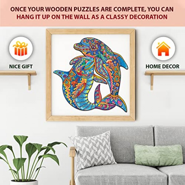 성인을 위한 DEPLEE 나무 직소 퍼즐, 돌고래 나무 직소 퍼즐, 162개 – 11.6 x 11.6인치 성인, 가족, 친구를 위한 독특한 모양의 나무 동물 퍼즐 창의적 도전 |중간