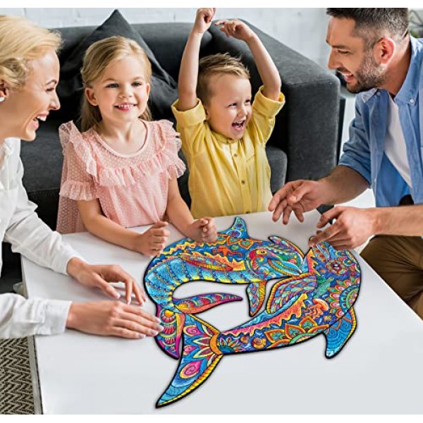 성인을 위한 DEPLEE 나무 직소 퍼즐, 돌고래 나무 직소 퍼즐, 162개 – 11.6 x 11.6인치 성인, 가족, 친구를 위한 독특한 모양의 나무 동물 퍼즐 창의적 도전 |중간