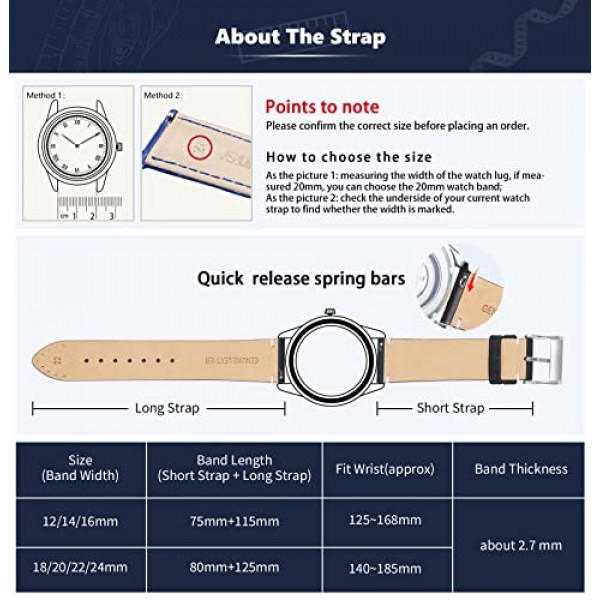 BINLUN 가죽 시계 밴드 교체 퀵 릴리스 정품 가죽 시계 스트랩 12mm 14mm 16mm 18mm 20mm 22mm 또는 24mm 남성 및 여성용 블랙/브라운/라이트 브라운/오렌지