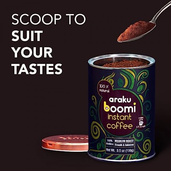 Araku Boomi 프리미엄 싱글 오리진 인스턴트 커피 파우더, 미디엄 로스트, 아라쿠 밸리산 100% 아라비카 원두로 제작 | 최고의 인스턴트 커피 | 3.5온스 주석(1팩)(최대 50컵)