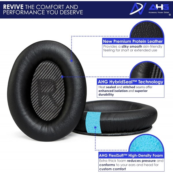 Bose QuietComfort 35(QC35) 및 QuietComfort 35 II(QC35 II) 헤드폰과 호환되는 액세서리 하우스 이어 패드. 프로틴 가죽, 부드러운 고밀도 폼, 내구성 증가 (블랙)