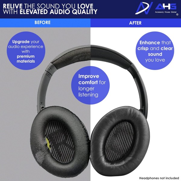 Bose QuietComfort 35(QC35) 및 QuietComfort 35 II(QC35 II) 헤드폰과 호환되는 액세서리 하우스 이어 패드. 프로틴 가죽, 부드러운 고밀도 폼, 내구성 증가 (블랙)