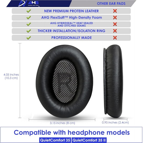 Bose QuietComfort 35(QC35) 및 QuietComfort 35 II(QC35 II) 헤드폰과 호환되는 액세서리 하우스 이어 패드. 프로틴 가죽, 부드러운 고밀도 폼, 내구성 증가 (블랙)