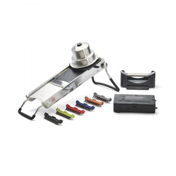 de Buyer LA MANDOLINE REVOLUTION MASTER - 탈착식 양면 스테인리스 스틸 블레이드 - 절단, 파쇄, 다이싱 및 큐빙에 적합 - 6개의 줄리엔 블레이드 및 추가 푸셔 포함 - 프랑스산