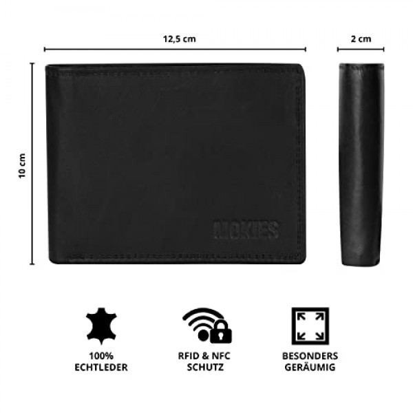 MOKIES G1608 남성용 지갑 - 정품 가죽 - RFID 및 NFC 보호 - 가로 형식 - 남성용 지갑, 블랙 - 1608, 클래식