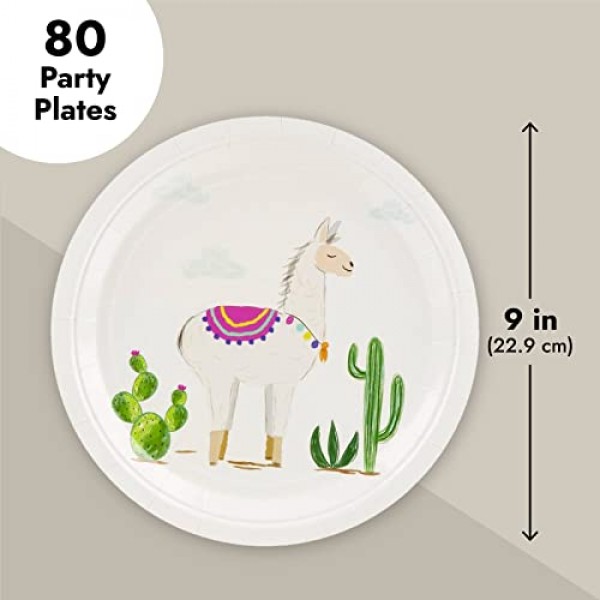 BLUE PANDA 일회용 접시 - 80개 종이 접시, 애피타이저, 점심, 저녁 식사 및 디저트를 위한 라마 파티 용품, 어린이 생일, 9 x 9인치