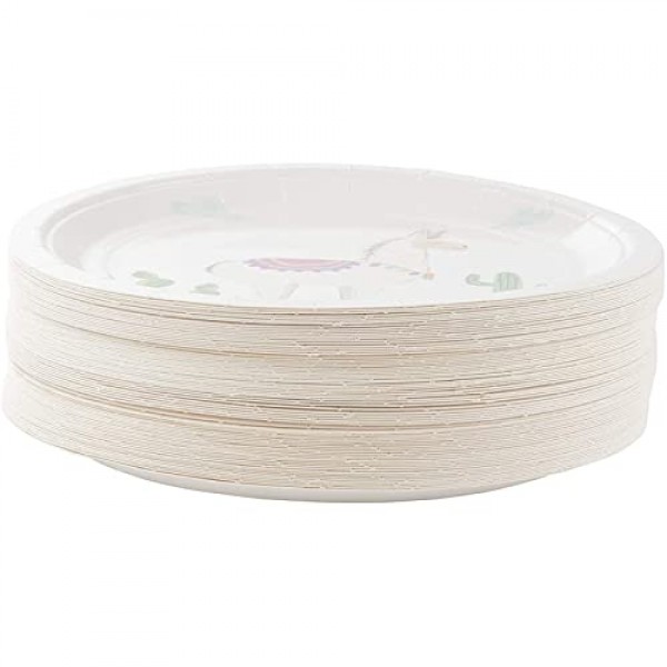 BLUE PANDA 일회용 접시 - 80개 종이 접시, 애피타이저, 점심, 저녁 식사 및 디저트를 위한 라마 파티 용품, 어린이 생일, 9 x 9인치