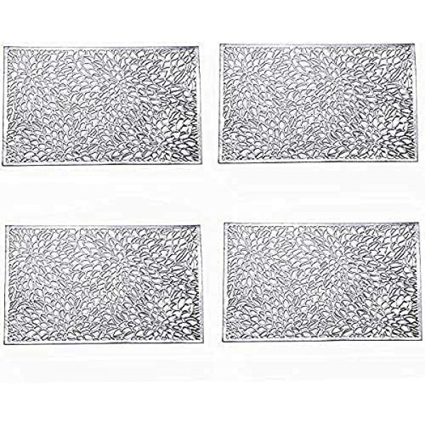 Feyarl 금속 비닐 직사각형 플레이스 매트 슬립 내열성 적층 플라스틱 Morden 식탁, 질감 있는 쉬머 스크래치 방지 테이블 매트 주방 홈 장식 4피스, 12x18인치(실버)