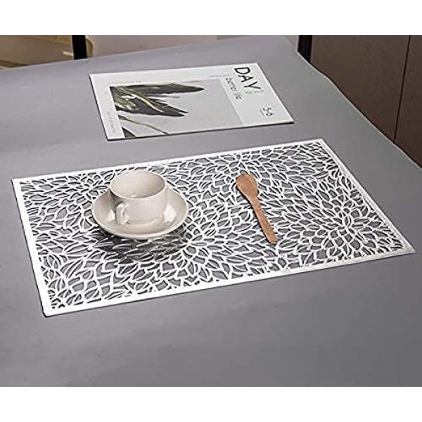 Feyarl 금속 비닐 직사각형 플레이스 매트 슬립 내열성 적층 플라스틱 Morden 식탁, 질감 있는 쉬머 스크래치 방지 테이블 매트 주방 홈 장식 4피스, 12x18인치(실버)