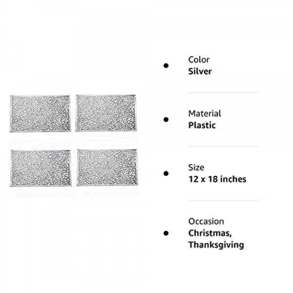 Feyarl 금속 비닐 직사각형 플레이스 매트 슬립 내열성 적층 플라스틱 Morden 식탁, 질감 있는 쉬머 스크래치 방지 테이블 매트 주방 홈 장식 4피스, 12x18인치(실버)