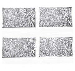 Feyarl 금속 비닐 직사각형 플레이스 매트 슬립 내열성 적층 플라스틱 Morden 식탁, 질감 있는 쉬머 스크래치 방지 테이블 매트 주방 홈 장식 4피스, 12x18인치(실버)