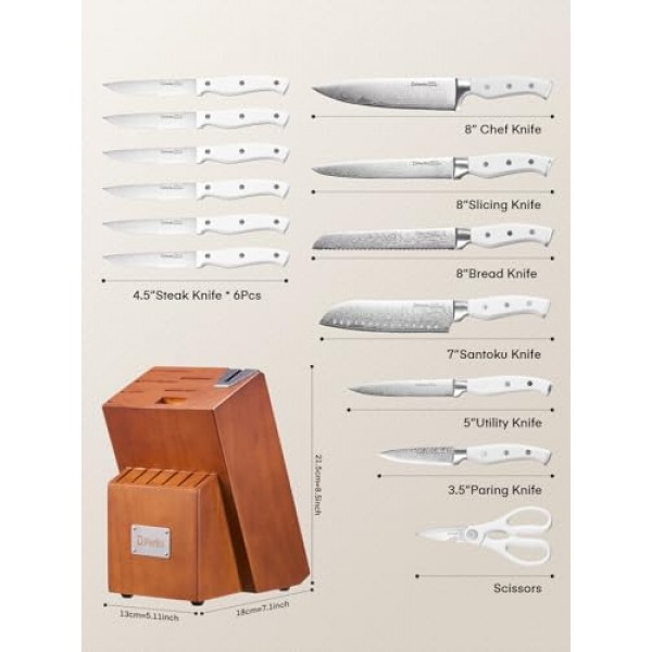 칼 세트, D.Perlla 14개 칼 블록 세트(샤프너 포함), 독특한 물결 모양 패턴의 스테인레스 스틸 주방 칼, 삼중 리벳 인체공학적 손잡이, 흰색