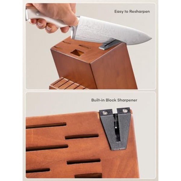 칼 세트, D.Perlla 14개 칼 블록 세트(샤프너 포함), 독특한 물결 모양 패턴의 스테인레스 스틸 주방 칼, 삼중 리벳 인체공학적 손잡이, 흰색