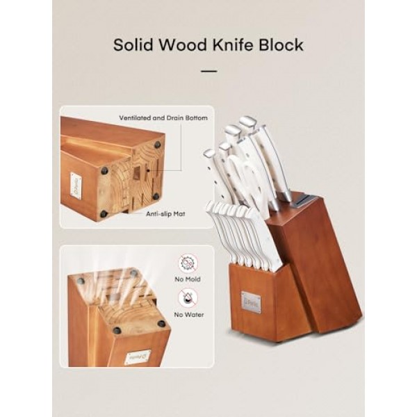 칼 세트, D.Perlla 14개 칼 블록 세트(샤프너 포함), 독특한 물결 모양 패턴의 스테인레스 스틸 주방 칼, 삼중 리벳 인체공학적 손잡이, 흰색