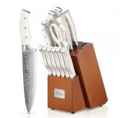 칼 세트, D.Perlla 14개 칼 블록 세트(샤프너 포함), 독특한 물결 모양 패턴의 스테인레스 스틸 주방 칼, 삼중 리벳 인체공학적 손잡이, 흰색