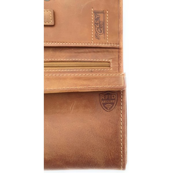 RFID 보호 기능이 있는 정품 가죽 여성용 지갑, 긴 천연 헌터 가죽 Jockey Club Toro Rustique Cognac