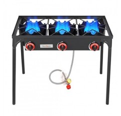 Vivicreate 3 버너 고압 프로판 스토브, 주철 버너 105000 BTU 전력, 야외 사용을 위한 안정적인 다리가 있는 28인치 높이의 캠핑 스토브