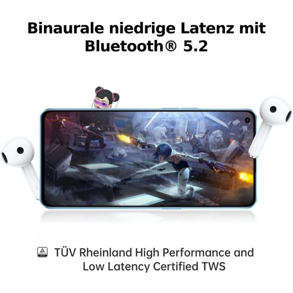 OPPO Enco Air2 무선 헤드폰, 충전 케이스 사용 시 재생 시간: 최대 24시간, 노이즈 캔슬링, Bass Boost, 게임 모드, 터치 + 탭 컨트롤, 무게: 이어버드당 3.5g, Bluetooth 5.2, 흰색