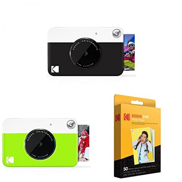 Kodak Printomatic 디지털 즉석 인쇄 카메라(검정색) 및 Printomatic 디지털 즉석 인쇄 카메라(녹색) 및 2x3 프리미엄 Zink 인화지(50매)(1팩)