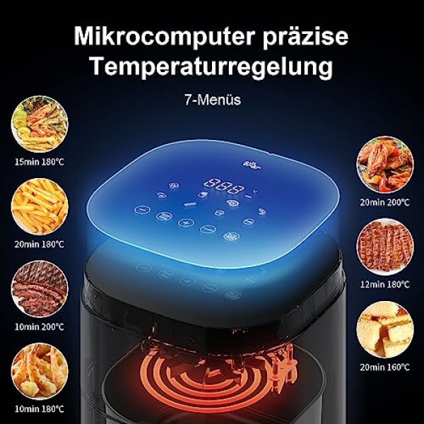 Bear 5L 비주얼 에어 프라이팬, 7가지 프로그램, 오일 프리 워터 미스트 습식 베이킹 1500-1750W, 디지털 디스플레이, LED 터치 스크린, 6인용, 음식 뒤집기 프롬프트가 포함