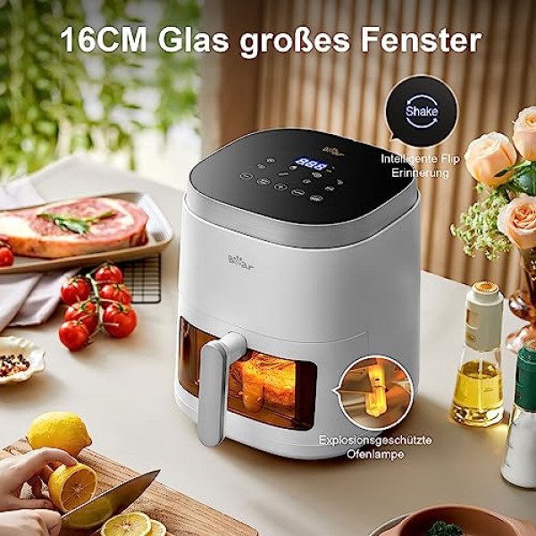 Bear 5L 비주얼 에어 프라이팬, 7가지 프로그램, 오일 프리 워터 미스트 습식 베이킹 1500-1750W, 디지털 디스플레이, LED 터치 스크린, 6인용, 음식 뒤집기 프롬프트가 포함