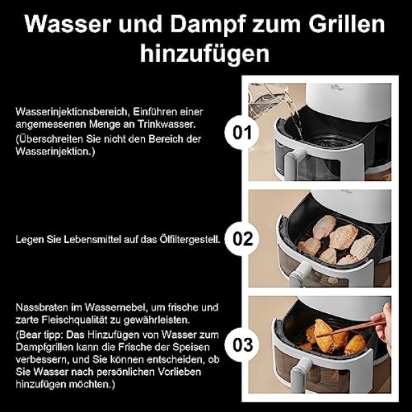 Bear 5L 비주얼 에어 프라이팬, 7가지 프로그램, 오일 프리 워터 미스트 습식 베이킹 1500-1750W, 디지털 디스플레이, LED 터치 스크린, 6인용, 음식 뒤집기 프롬프트가 포함