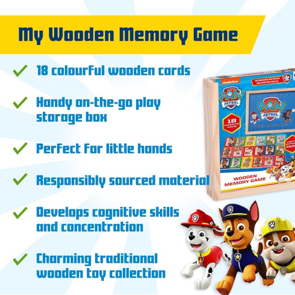 PAW PATROL 1384 나무 메모리 매치 게임, 연령 2세 이상 다색 18개