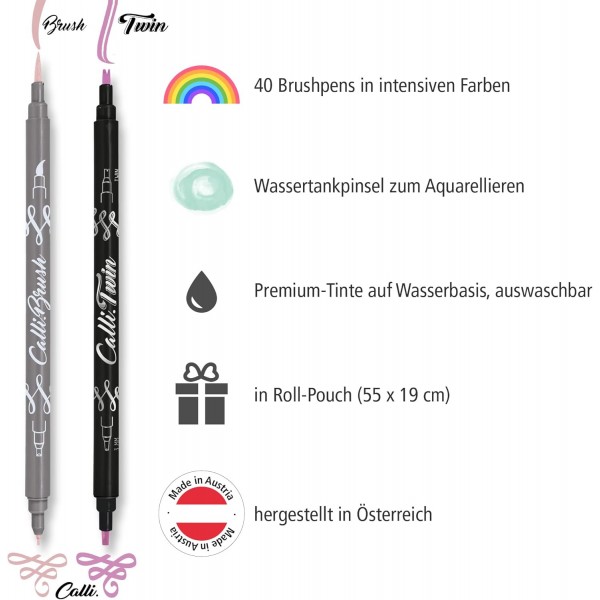 온라인 40+1 핸들레터링 세트, 다채로운 Calli.Brush & Calli.Twin 브러시 펜, 수채화용 워터브러시 펜, 롤 파우치 선물 포장에 들어 있는 캘리그래피 세트, 펜 롤에 여러 가지 
