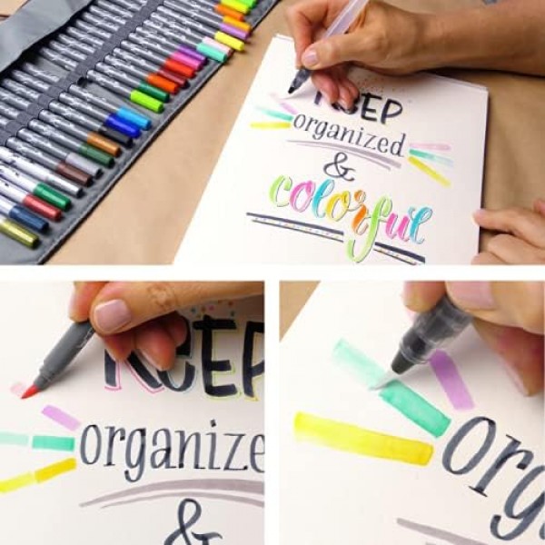 온라인 40+1 핸들레터링 세트, 다채로운 Calli.Brush & Calli.Twin 브러시 펜, 수채화용 워터브러시 펜, 롤 파우치 선물 포장에 들어 있는 캘리그래피 세트, 펜 롤에 여러 가지 