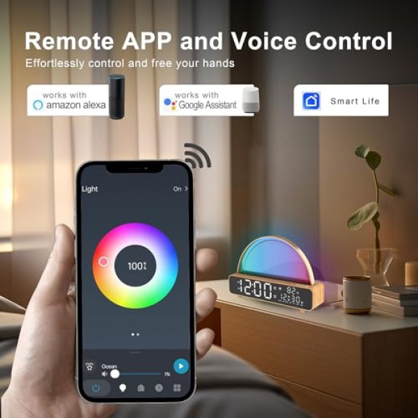 ANYPLUS 백색 소음 사운드 머신, 일출 알람 시계 APP/AI 음성 제어 Alexa와 함께 작동, 터치 야간 조명, 수면 보조 장치, 스누즈 타이머, 듀얼 알람, 일출 시뮬레이션을 갖춘 