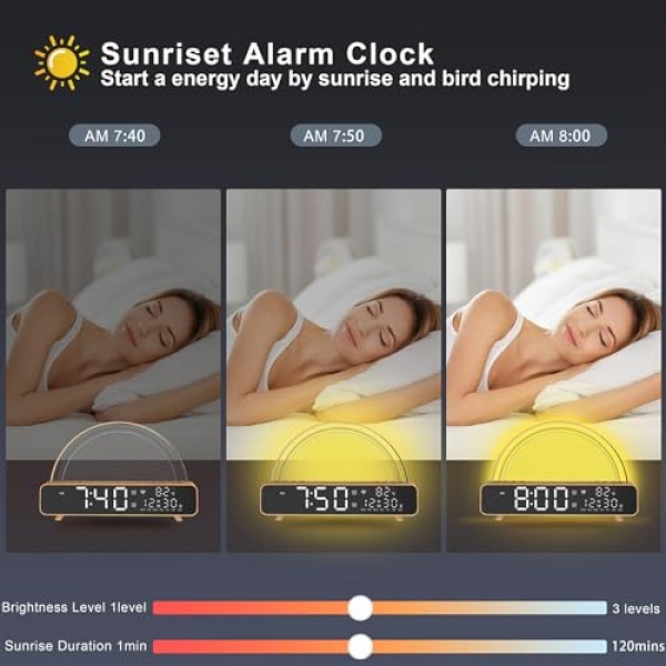 ANYPLUS 백색 소음 사운드 머신, 일출 알람 시계 APP/AI 음성 제어 Alexa와 함께 작동, 터치 야간 조명, 수면 보조 장치, 스누즈 타이머, 듀얼 알람, 일출 시뮬레이션을 갖춘 