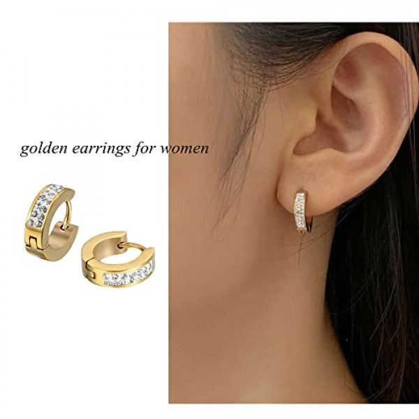 JewelryWe Jewellery 남성용 여성용 귀걸이, 스테인레스 스틸 라인스톤 광택 후프 귀걸이, 골드 레드 실버