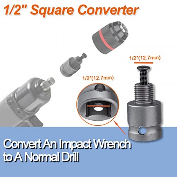 1-13mm 키리스 드릴 척 어댑터 키트 1/2-20UNF(SDS-Plus 생크 포함) 1/4 육각 생크 1/2 소켓 사각 암 어댑터(회전식 해머/임팩트 렌치/임팩트 드라이버에 적합)