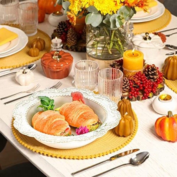 Sungmor 2PC 세라믹 파스타 그릇 세트, 8.5oz 샐러드 그릇 & 15oz 수프 그릇, 아름다운 덩굴 엠보싱 도자기 대형 서빙 그릇, 빈티지 중세 유럽 스타일 넓고 얕은 크고 무거운 