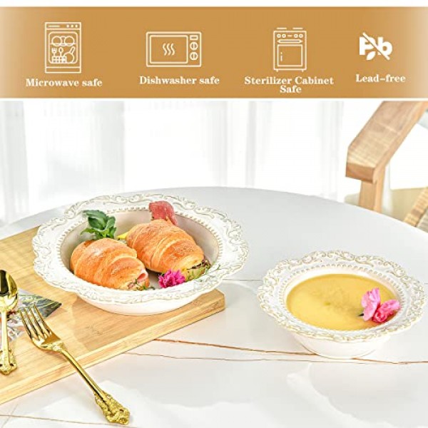 Sungmor 2PC 세라믹 파스타 그릇 세트, 8.5oz 샐러드 그릇 & 15oz 수프 그릇, 아름다운 덩굴 엠보싱 도자기 대형 서빙 그릇, 빈티지 중세 유럽 스타일 넓고 얕은 크고 무거운 